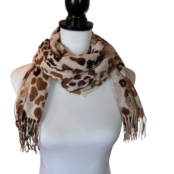 Leopard Print Fringe Scarf Wrap Shawl Neutral Tan Brown Animal Print - Picture 5 of 10